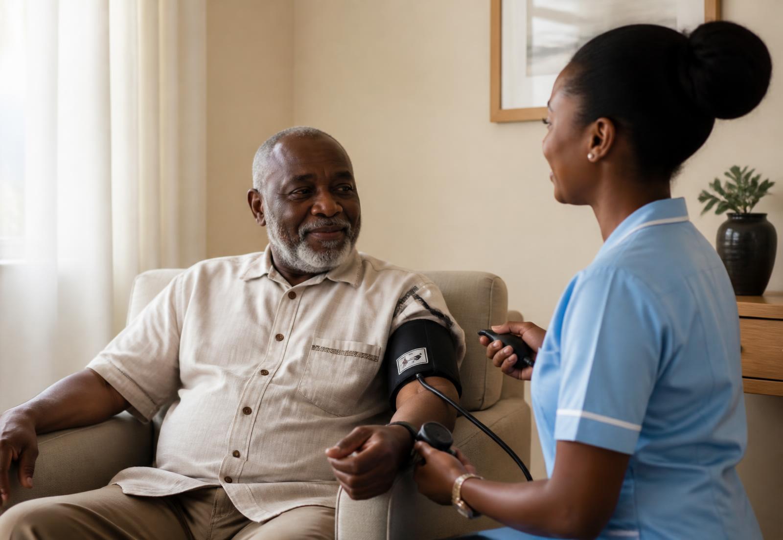 Nurse checking an elderly man's blood pressure at home